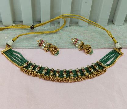 Ruby Sage Green Gold Polki Kundan Choker Necklace Jhumki Jewellery Jennet Set