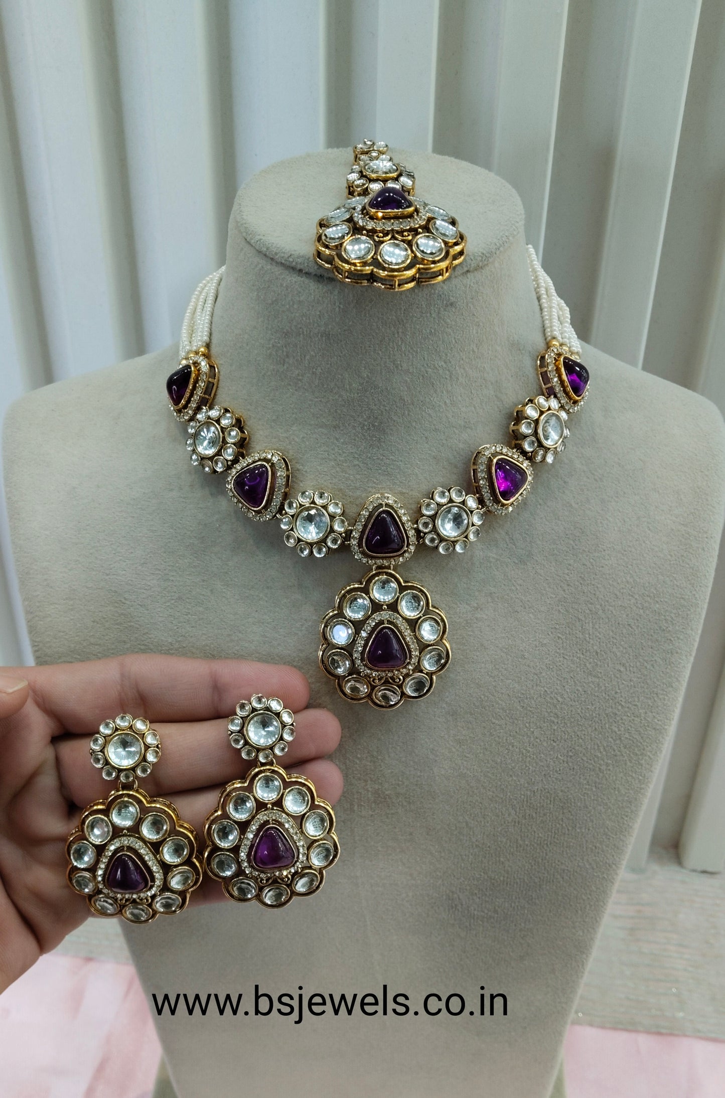 Purple Gold Kundan Necklace Jewellery Kajal Set