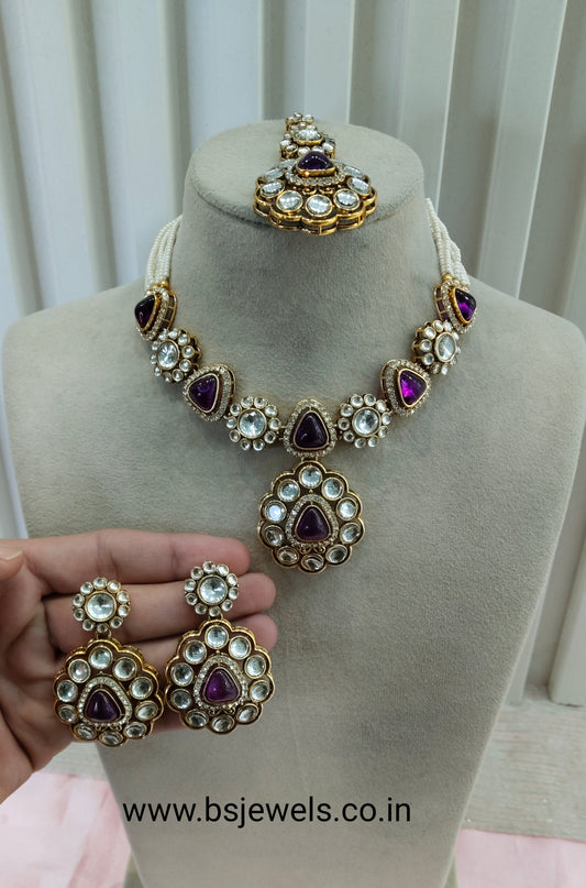 Purple Gold Kundan Necklace Jewellery Kajal Set
