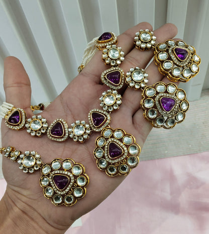 Purple Gold Kundan Necklace Jewellery Kajal Set