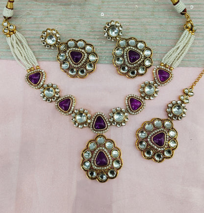 Purple Gold Kundan Necklace Jewellery Kajal Set