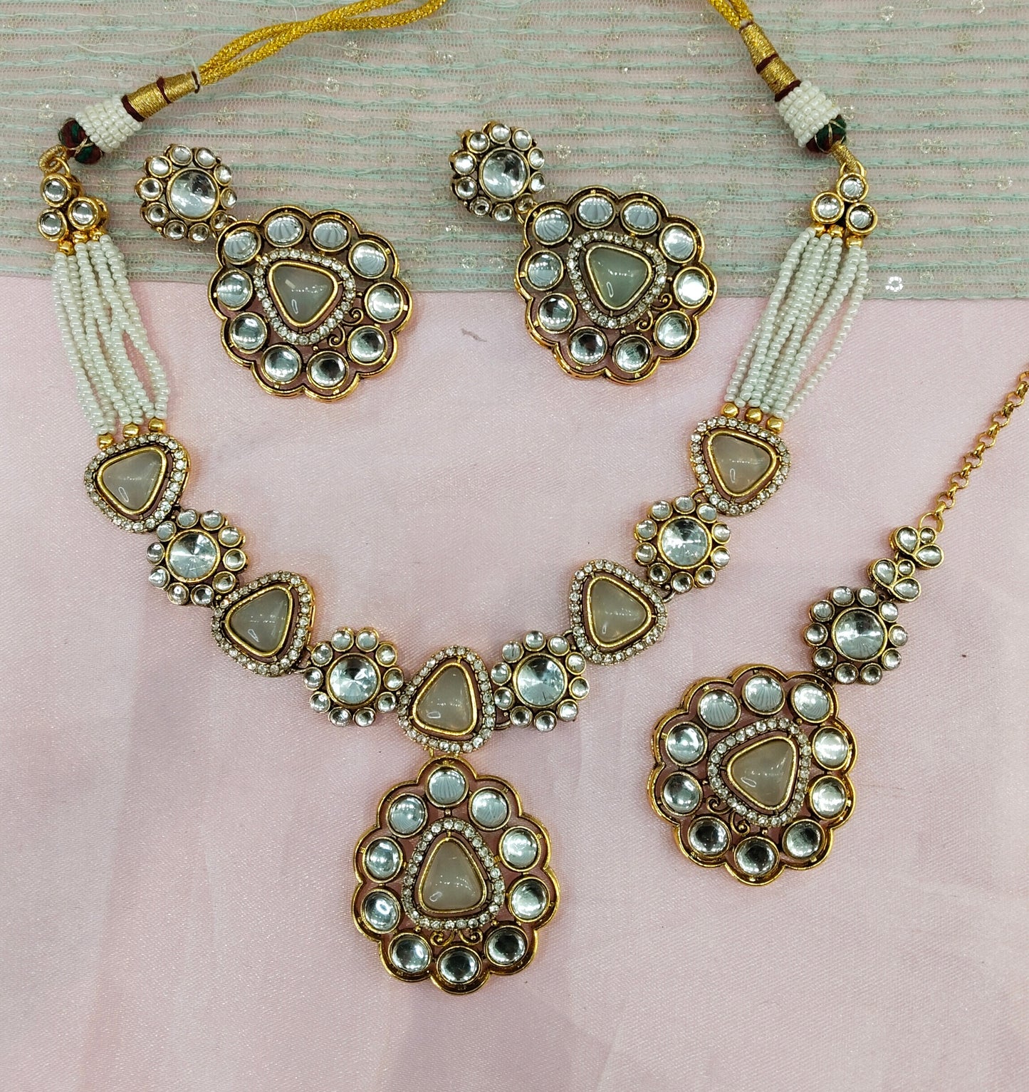 Pista Gold Kundan Necklace Jewellery Kajal Set