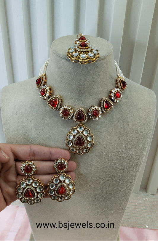 Red Gold Kundan Necklace Jewellery Kajal Set