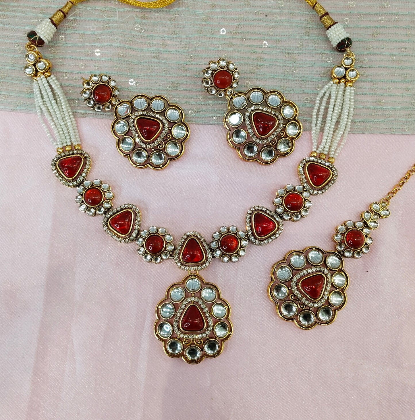 Red Gold Kundan Necklace Jewellery Kajal Set