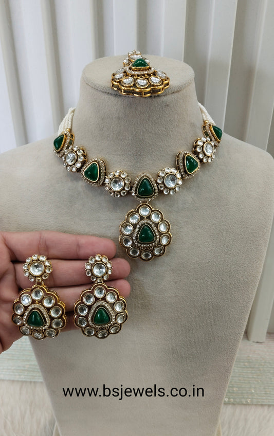 Opaque Green Gold Kundan Necklace Jewellery Kajal Set