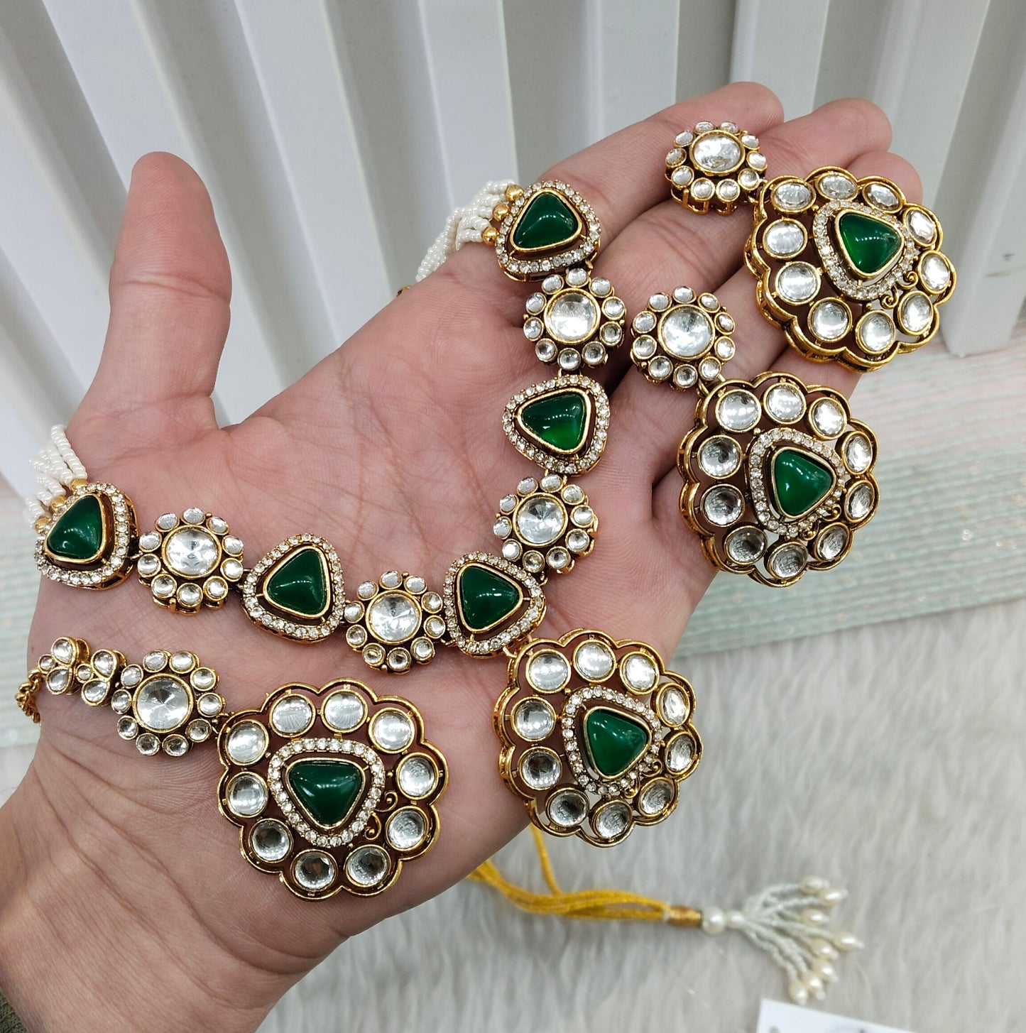 Opaque Green Gold Kundan Necklace Jewellery Kajal Set