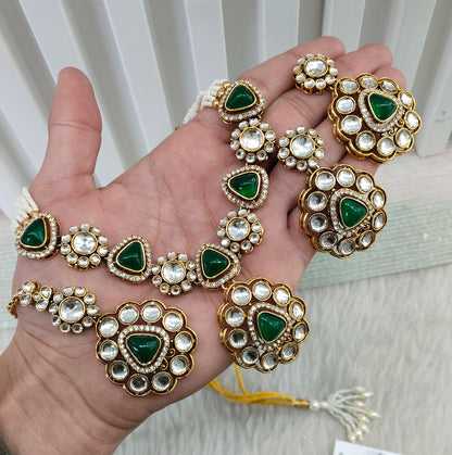 Opaque Green Gold Kundan Necklace Jewellery Kajal Set