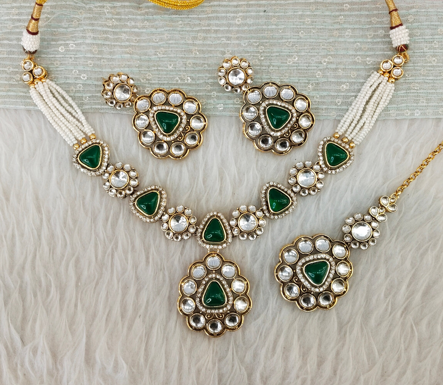 Opaque Green Gold Kundan Necklace Jewellery Kajal Set