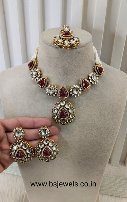 Maroon Gold Kundan Necklace Jewellery Kajal Set