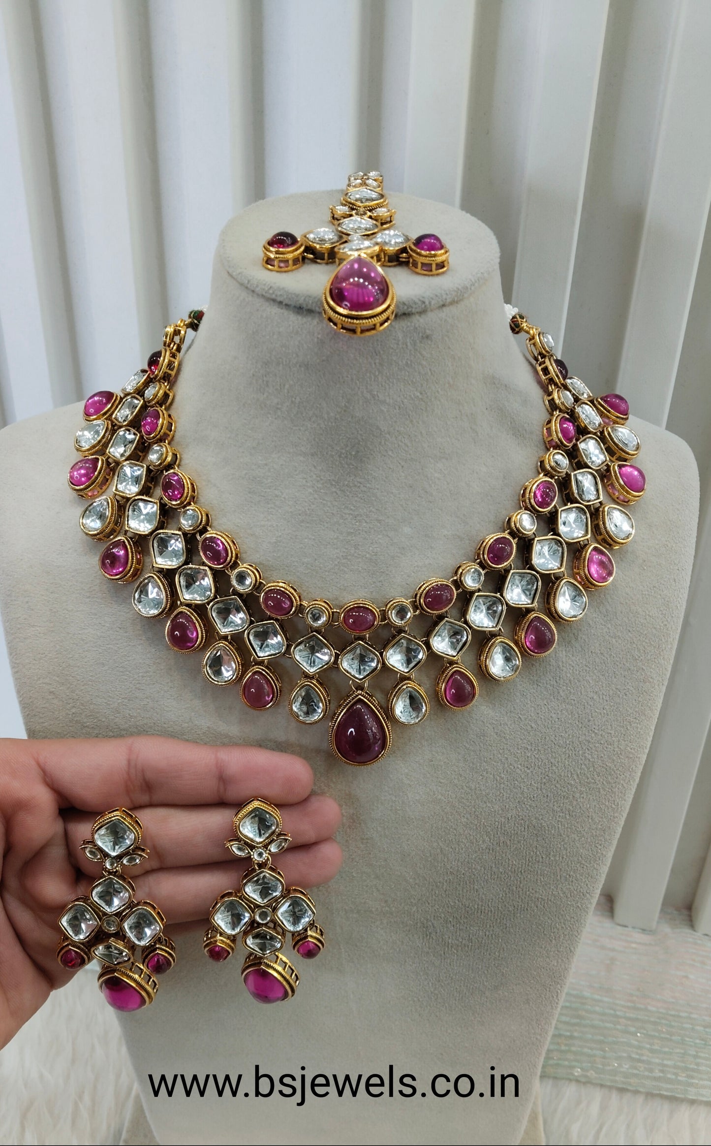 Rani Pink Gold Kundan Necklace Jewellery Raveena Set