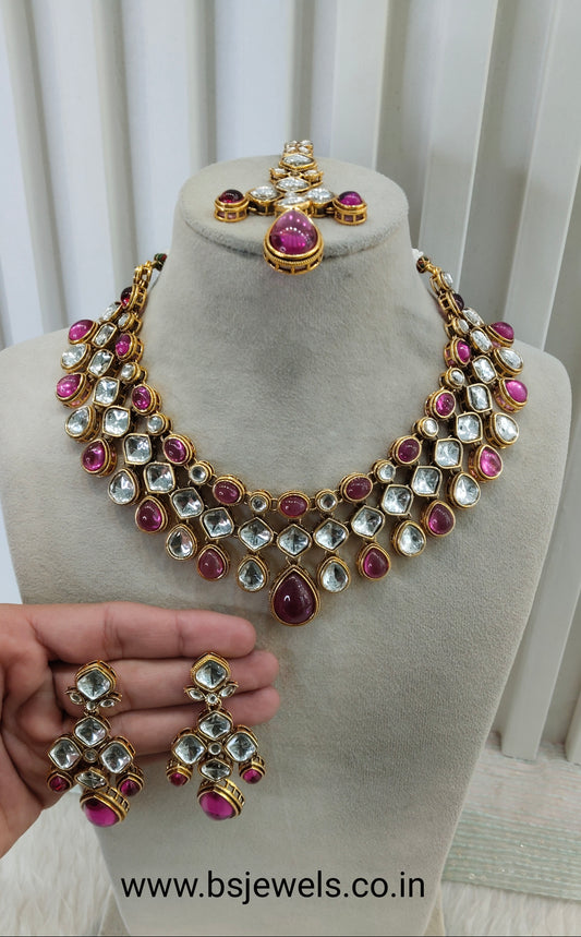 Rani Pink Gold Kundan Necklace Jewellery Raveena Set