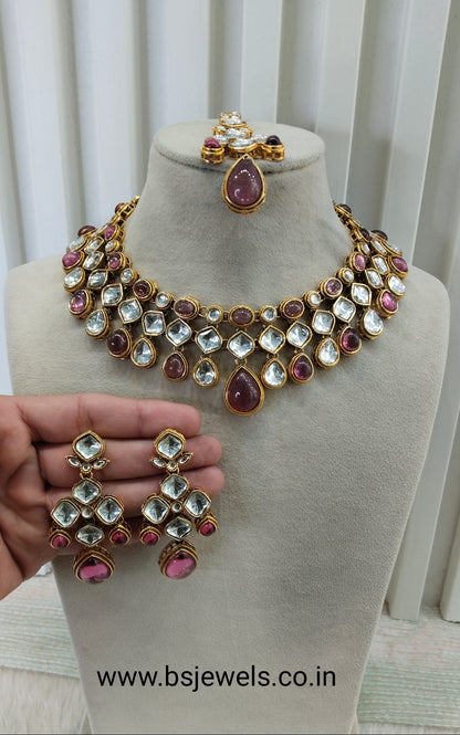 Purple Gold Kundan Necklace Jewellery Raveena Set