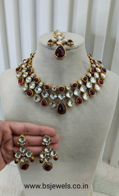 Maroon Gold Kundan Necklace Jewellery Raveena Set