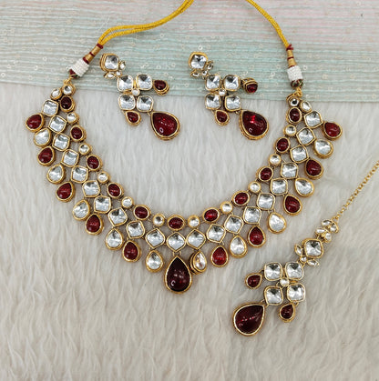 Maroon Gold Kundan Necklace Jewellery Raveena Set