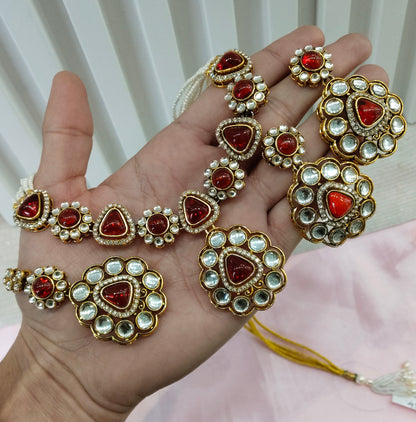 Red Gold Kundan Necklace Jewellery Kajal Set