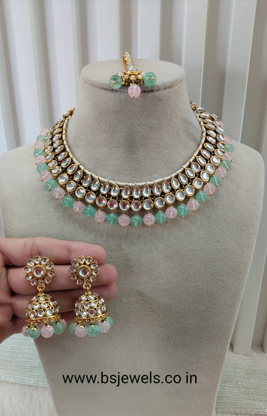 Mint Pink Gold Kundan Necklace Jewellery Roshan Set