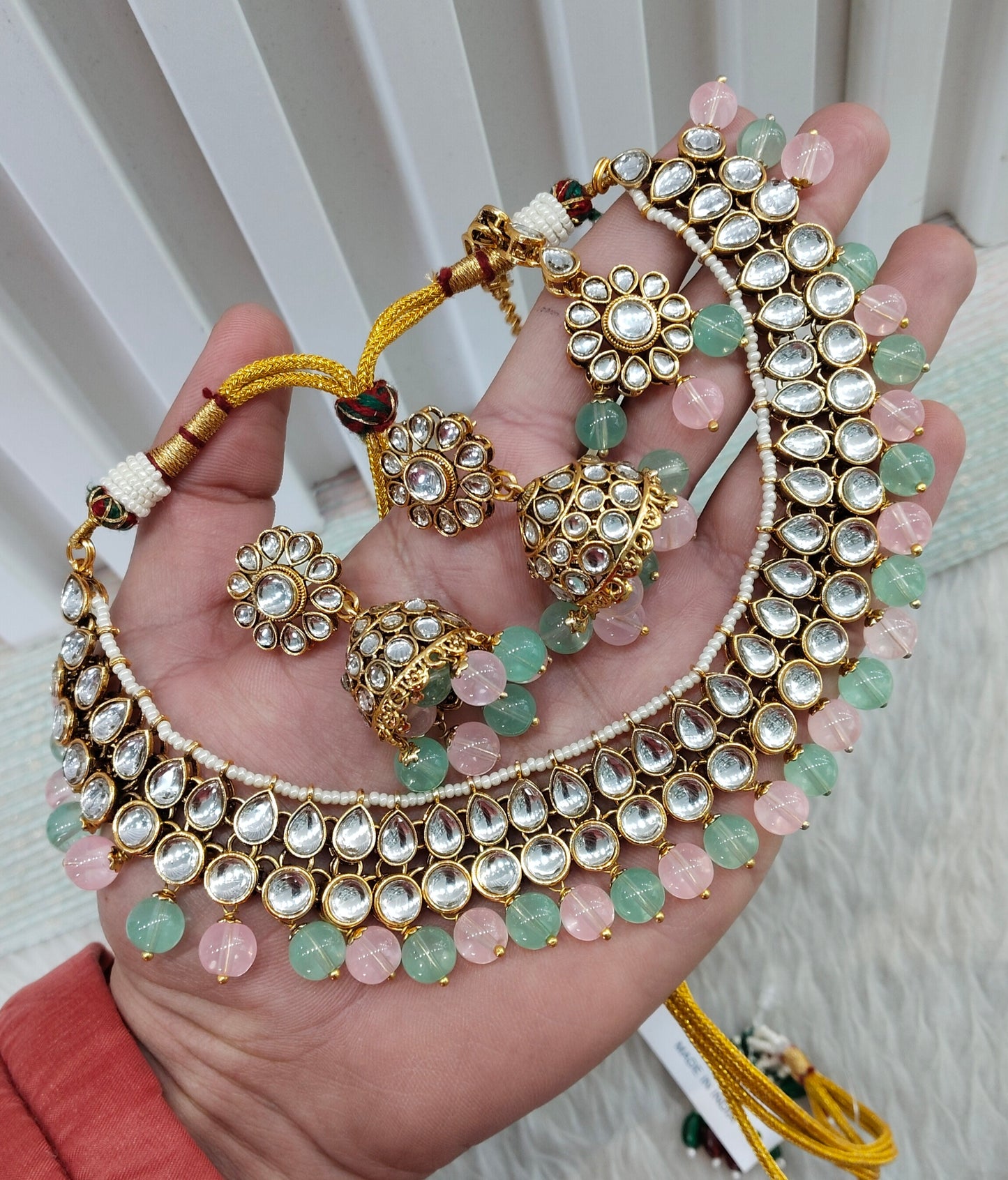 Mint Pink Gold Kundan Necklace Jewellery Roshan Set