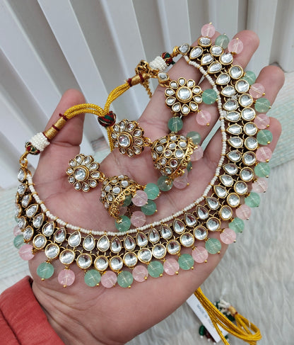 Mint Pink Gold Kundan Necklace Jewellery Roshan Set