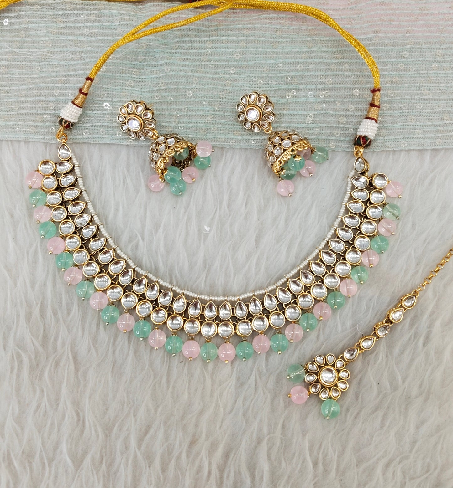 Mint Pink Gold Kundan Necklace Jewellery Roshan Set