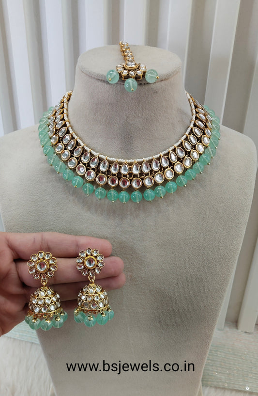 Pista Gold Kundan Necklace Jewellery Roshan Set