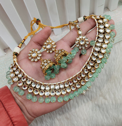 Pista Gold Kundan Necklace Jewellery Roshan Set