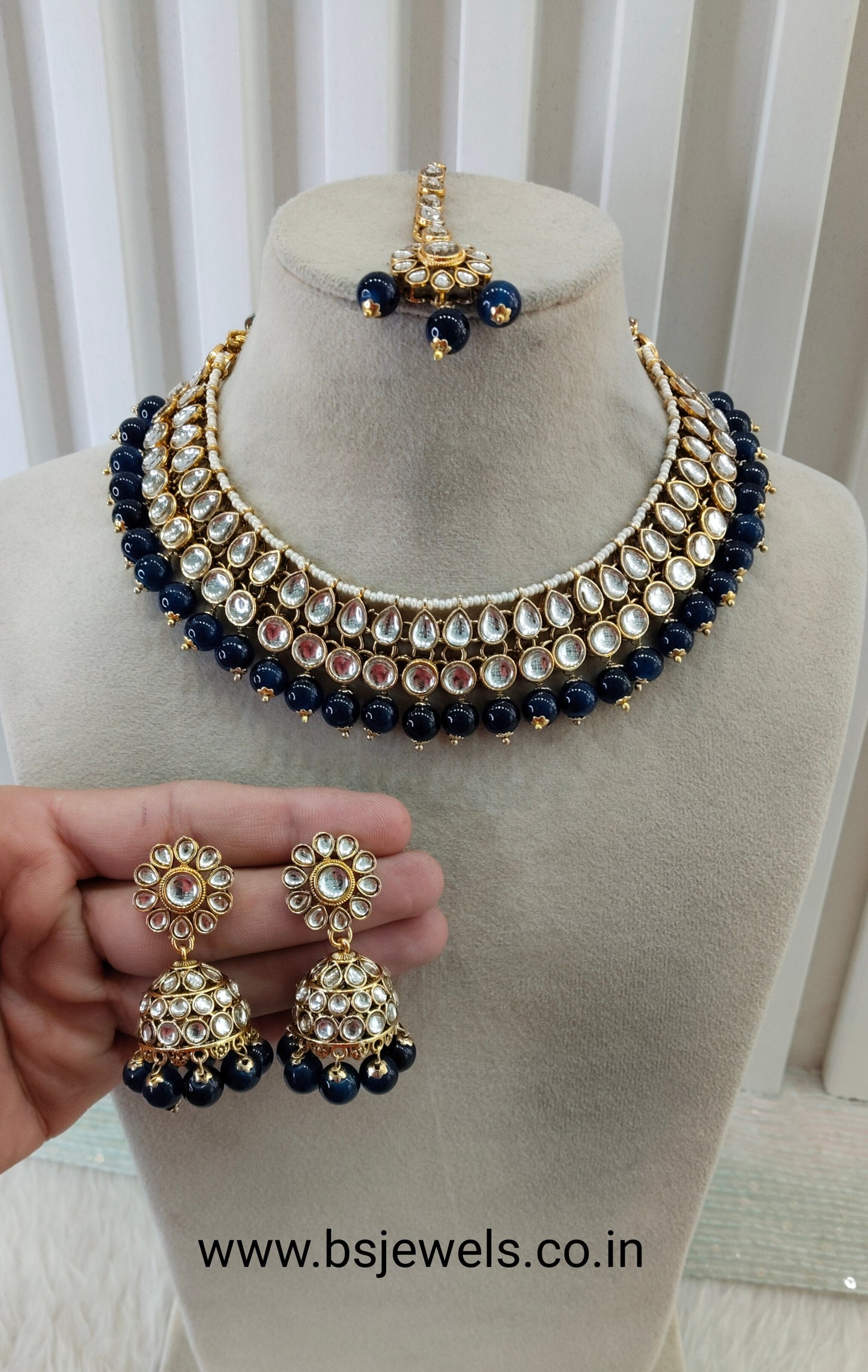 Blue Gold Kundan Necklace Jewellery Roshan Set