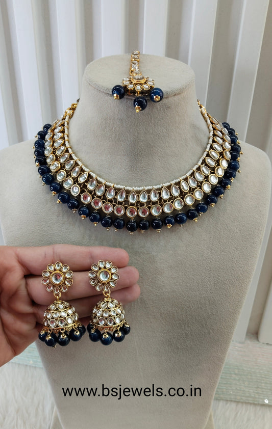 Blue Gold Kundan Necklace Jewellery Roshan Set