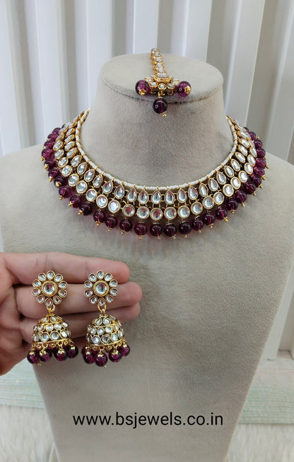 Purple Gold Kundan Necklace Jewellery Roshan Set