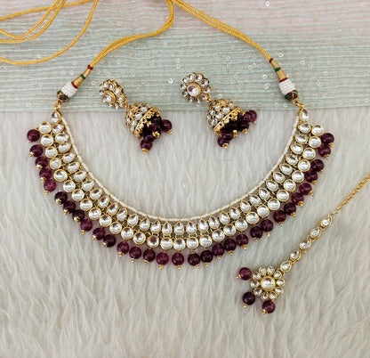 Purple Gold Kundan Necklace Jewellery Roshan Set