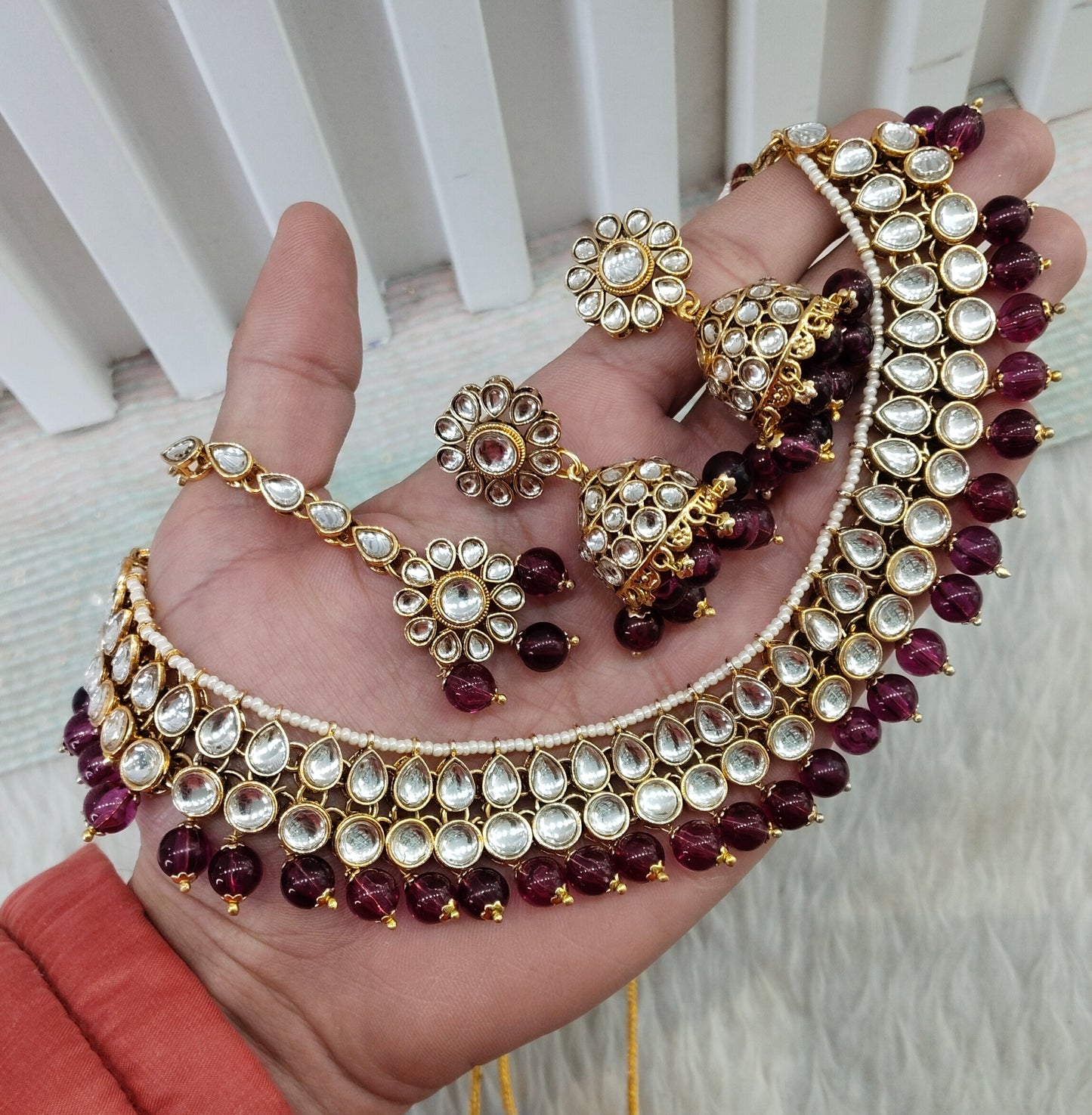 Purple Gold Kundan Necklace Jewellery Roshan Set