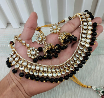 Black Gold Kundan Necklace Jewellery Roshan Set
