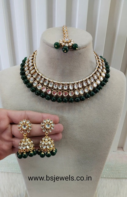 Green Gold Kundan Necklace Jewellery Roshan Set