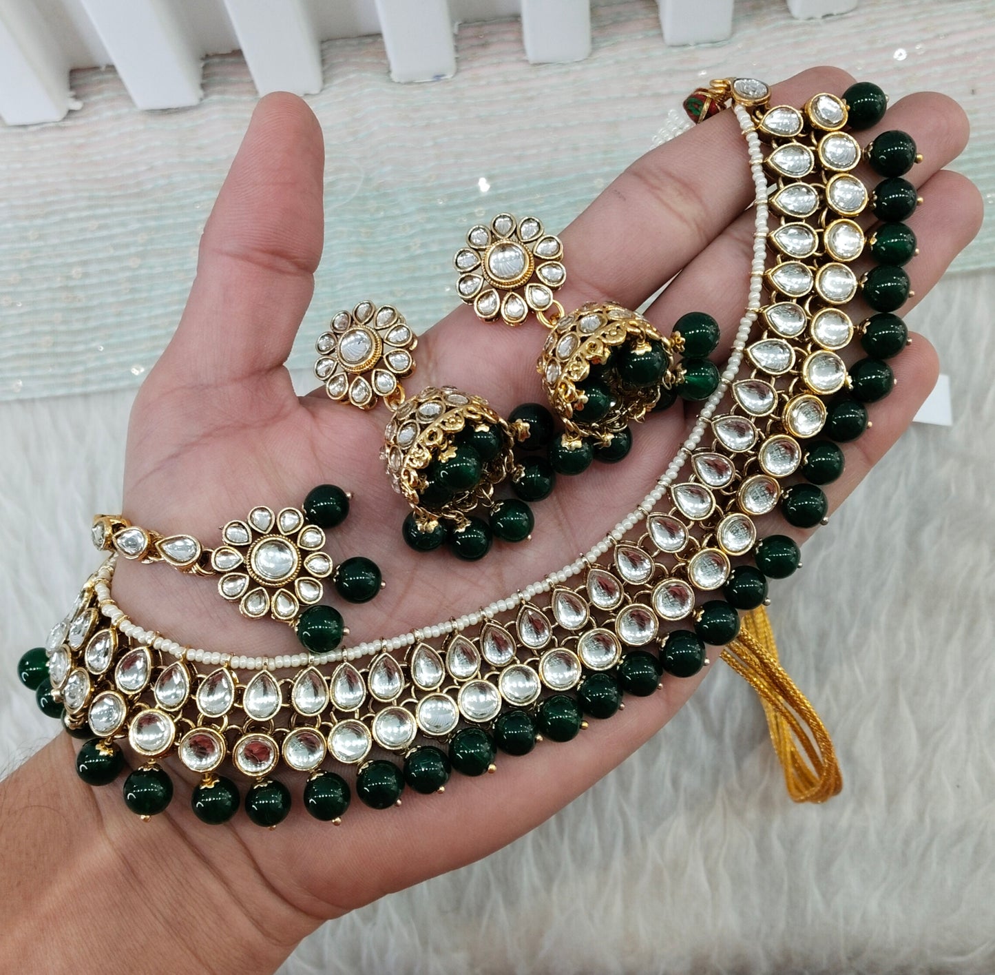 Green Gold Kundan Necklace Jewellery Roshan Set