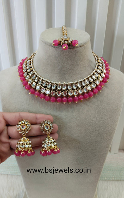 Dark Pink Gold Kundan Necklace Jewellery Roshan Set