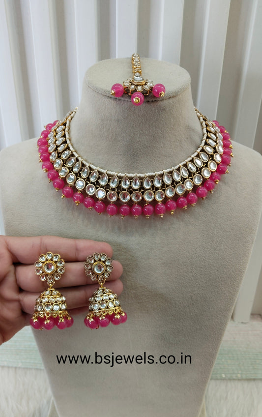 Dark Pink Gold Kundan Necklace Jewellery Roshan Set