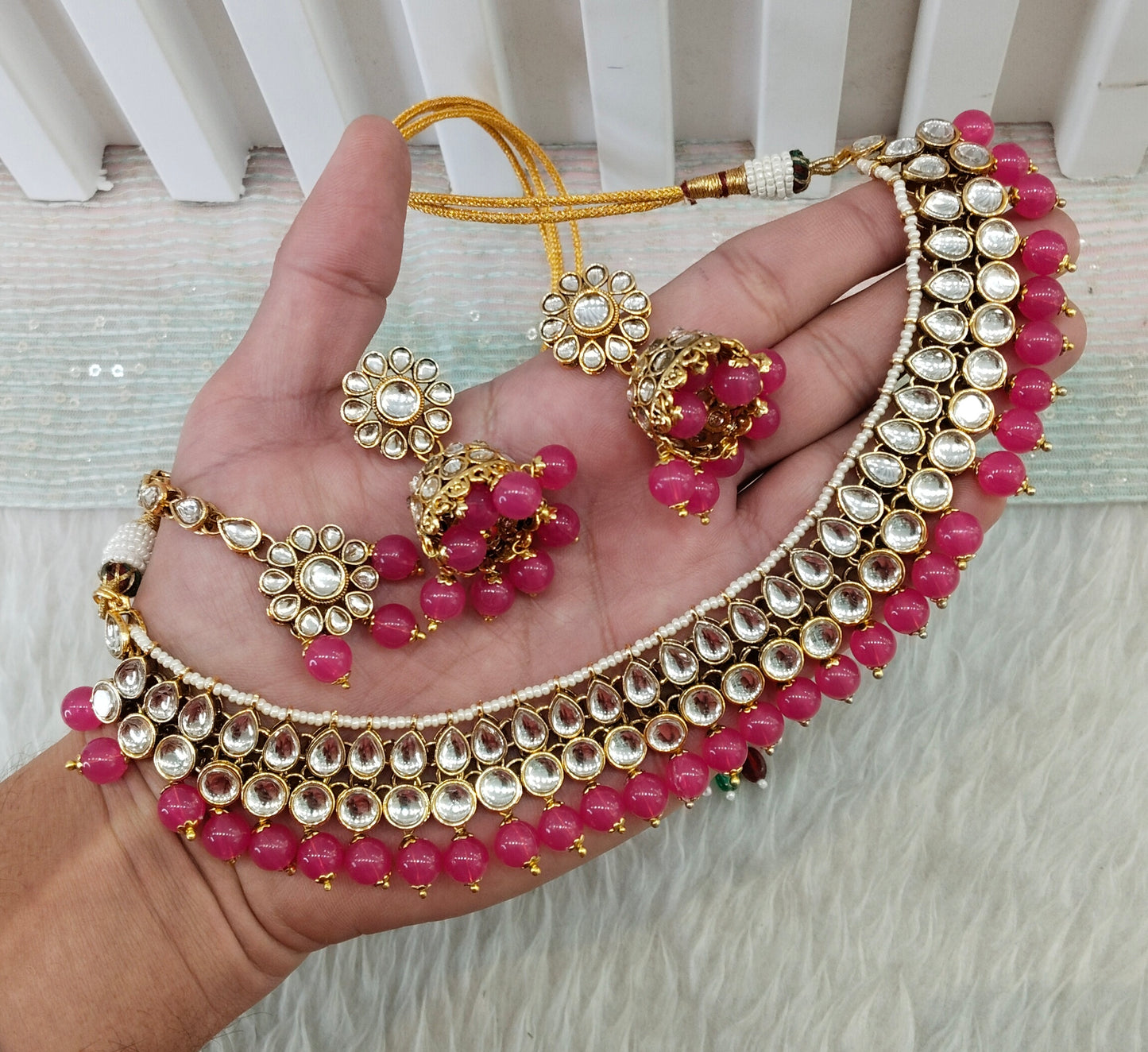 Dark Pink Gold Kundan Necklace Jewellery Roshan Set