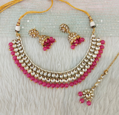 Dark Pink Gold Kundan Necklace Jewellery Roshan Set