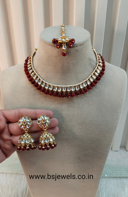 Maroon Gold Kundan Necklace Jewellery Prince Set