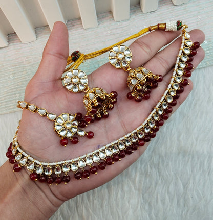 Maroon Gold Kundan Necklace Jewellery Prince Set