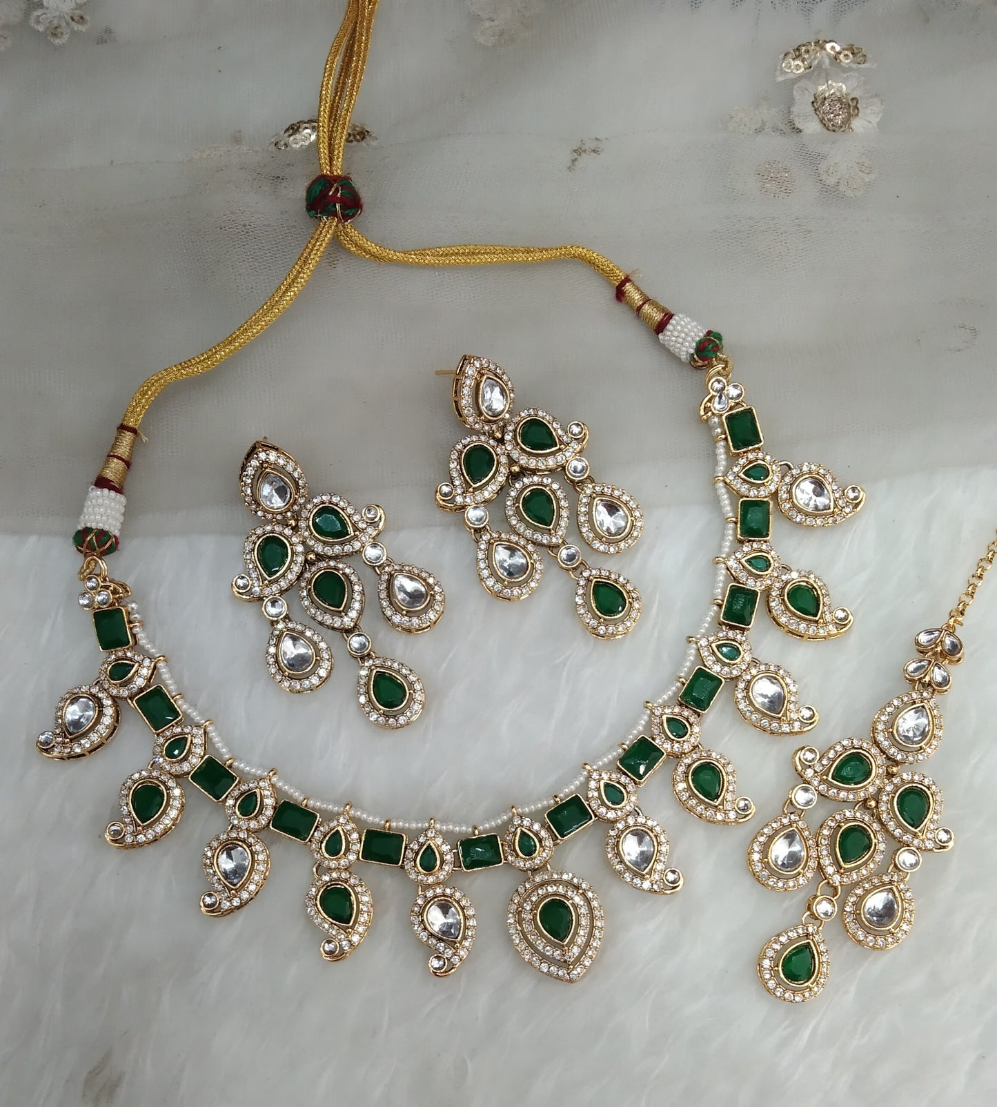 Opaque Green Gold Kundan Necklace Jewellery Nimrat Set