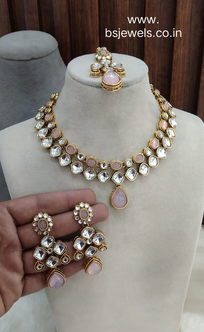 Pink Gold Kundan Necklace Jewellery Rupy Set