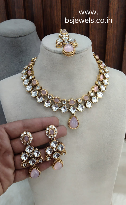 Pink Gold Kundan Necklace Jewellery Rupy Set