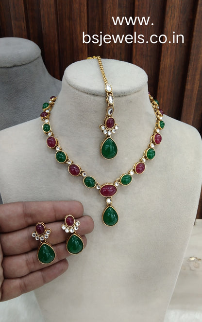 Ruby Green Gold Kundan Necklace Jewellery Mahi Set