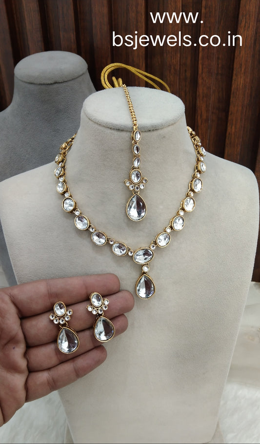 White Gold Kundan Necklace Jewellery Mahi Set