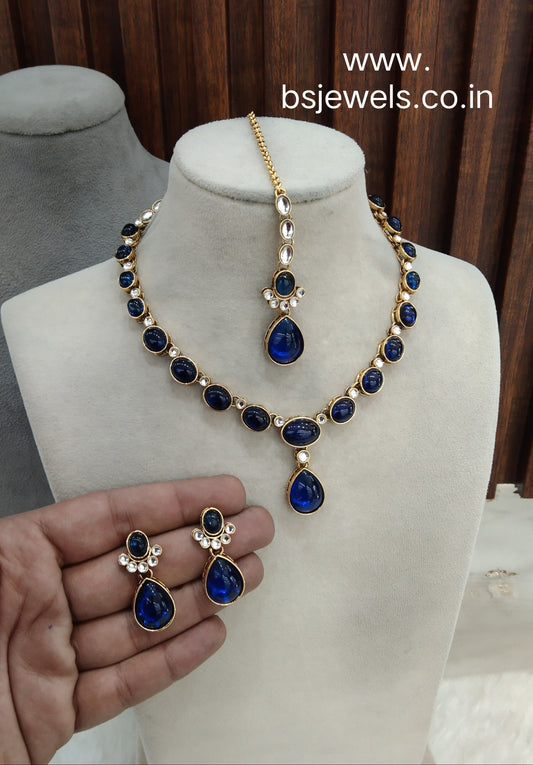Blue Gold Kundan Necklace Jewellery Mahi Set