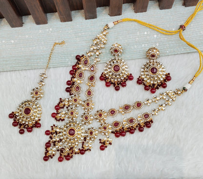 Maroon Gold Kundan Necklace Jewellery Cello Set
