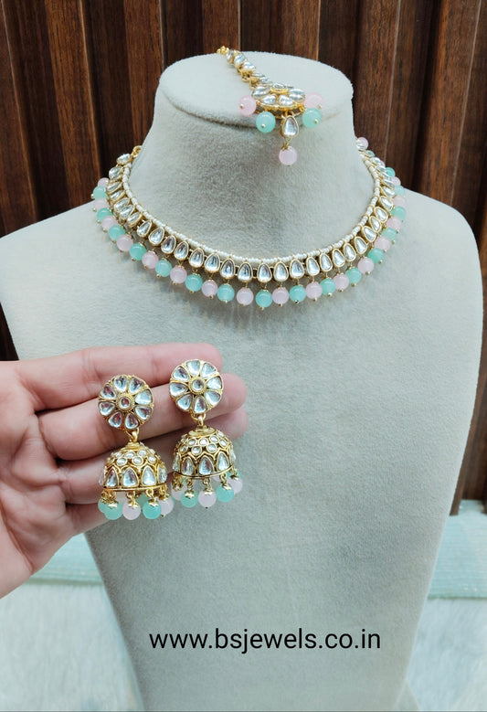 Mint Pink Gold Kundan Necklace Jewellery Prince Set