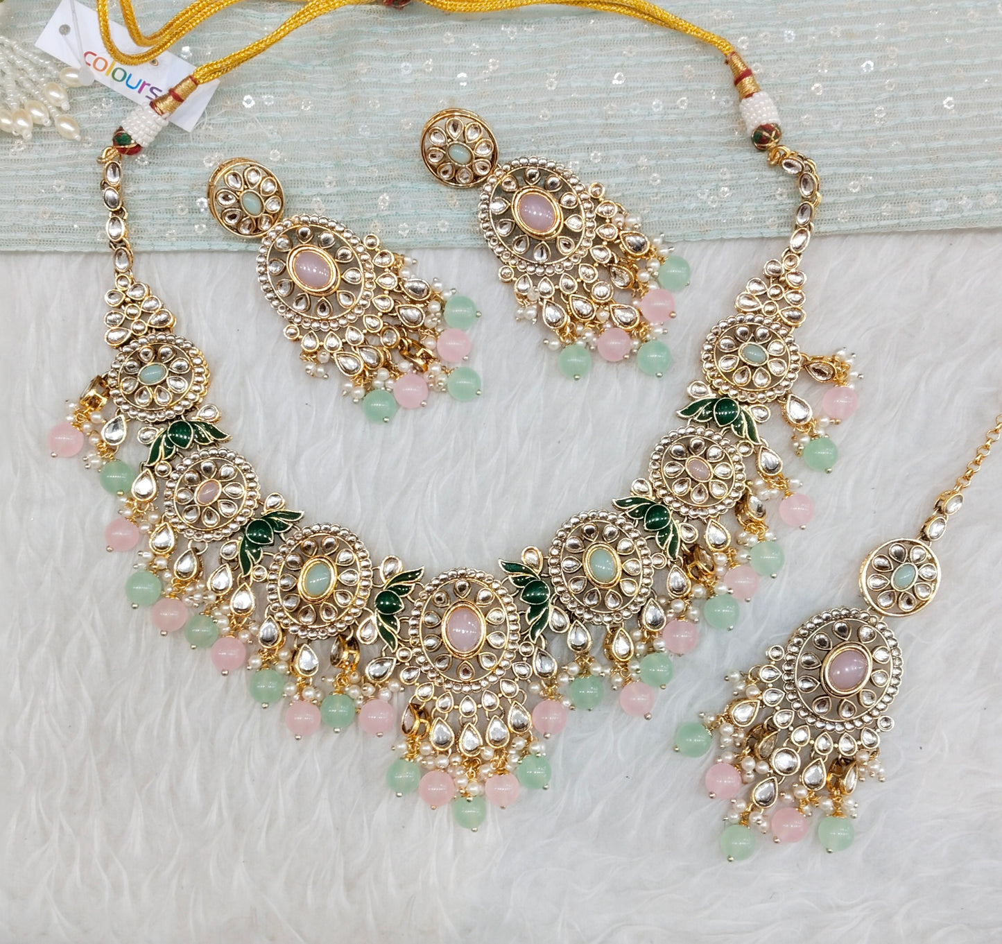 Mint Pink Gold Kundan Necklace Jewellery Charvi Set