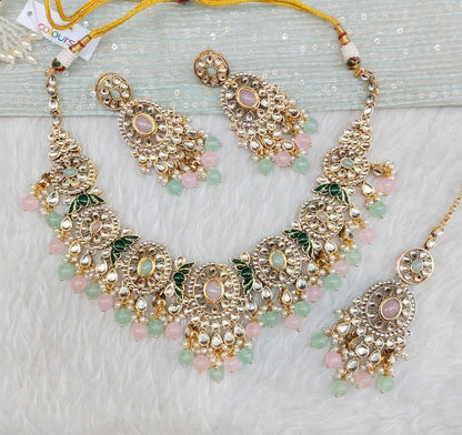 Mint Pink Gold Kundan Necklace Jewellery Charvi Set