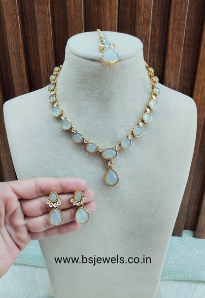Pista Gold Kundan Necklace Jewellery Mahi Set